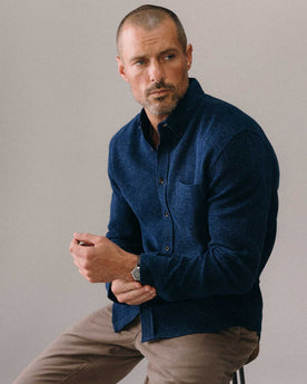 fit model walking down the stairs wearing The Jack in Indigo Waffle, Wovens by Taylor Stitch