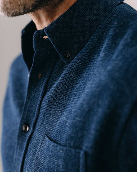 fit model showing off the buttons on The Jack in Indigo Waffle, Wovens by Taylor Stitch