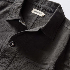material shot of the collar on The Ojai Jacket in Faded Black Seersucker