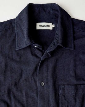 material shot of the collar on The Short Sleeve California in Rinsed Indigo Slub, Knits by Taylor Stitch