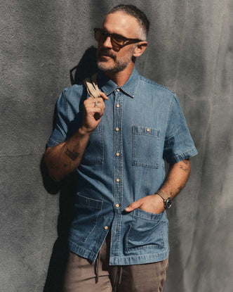 fit model posing in The Gulf Shirt in Washed Indigo Twill