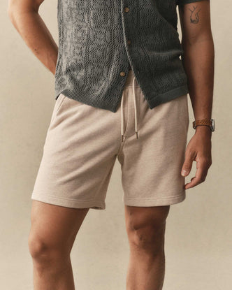 fit model showing off The Sunset Short in Heather Oat Terry