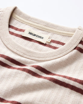 material shot of the neck opening on The Colton Crew in Oat Heathered Stripe, Knits by Taylor Stitch