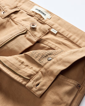 material shot of the waistband of The Democratic All Day Pant in Tobacco Selvage Denim, Bottoms by Taylor Stitch