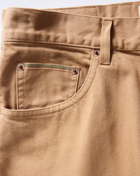material shot of the pockets on The Democratic All Day Pant in Tobacco Selvage Denim, Bottoms by Taylor Stitch
