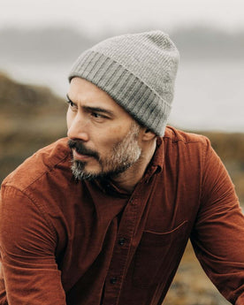 fit model in The Headland Beanie in Warm Grey, Accessories by Taylor Stitch