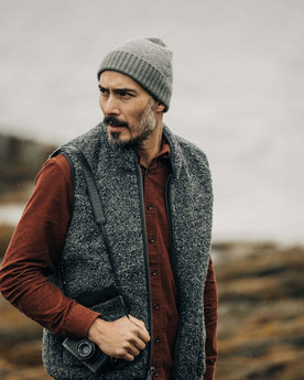 fit model walking in The Headland Beanie in Warm Grey, Accessories by Taylor Stitch