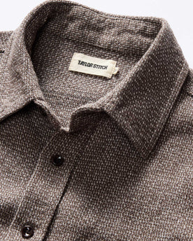 material shot of the collar on The Ledge Shirt in Granite Linen Tweed, Wovens by Taylor Stitch