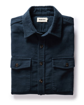 flatlay of The Maritime Shirt Jacket in Dark Navy Moleskin, Wovens by Taylor Stitch
