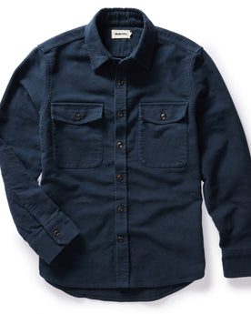 flatlay of The Maritime Shirt Jacket in Dark Navy Moleskin, Wovens by Taylor Stitch