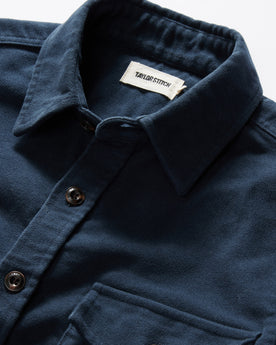 material shot of the collar on The Maritime Shirt Jacket in Dark Navy Moleskin, Wovens by Taylor Stitch