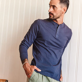 fit model posing in The Organic Cotton Henley in Navy