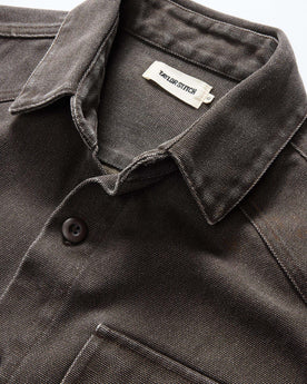 material shot of the collar on The Shop Shirt in Soil Chipped Canvas, Wovens by Taylor Stitch