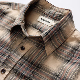 material shot of the collar on The California in Dune Plaid Brushed Cotton Twill