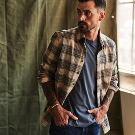 fit model wearing The California in Dune Plaid Brushed Cotton Twill, unbuttoned over a tee