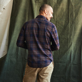 fit model showing the back of The California in Twilight Plaid Brushed Cotton Twill