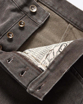 material shot of the button fly on The Chore Pant in Soil Chipped Canvas, Bottoms by Taylor Stitch