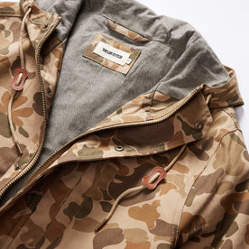 material shot of the three piece hood on The Explorer Jacket in Vintage Arid Camo Dry Wax