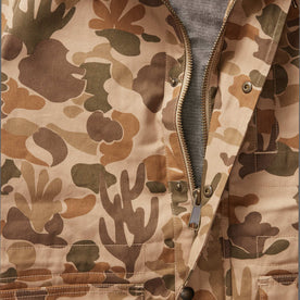 material shot of the zipper and snap buttons on The Explorer Jacket in Vintage Arid Camo Dry Wax