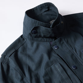 material shot of the collar on The Pathfinder Jacket in Dark Navy Dry Wax