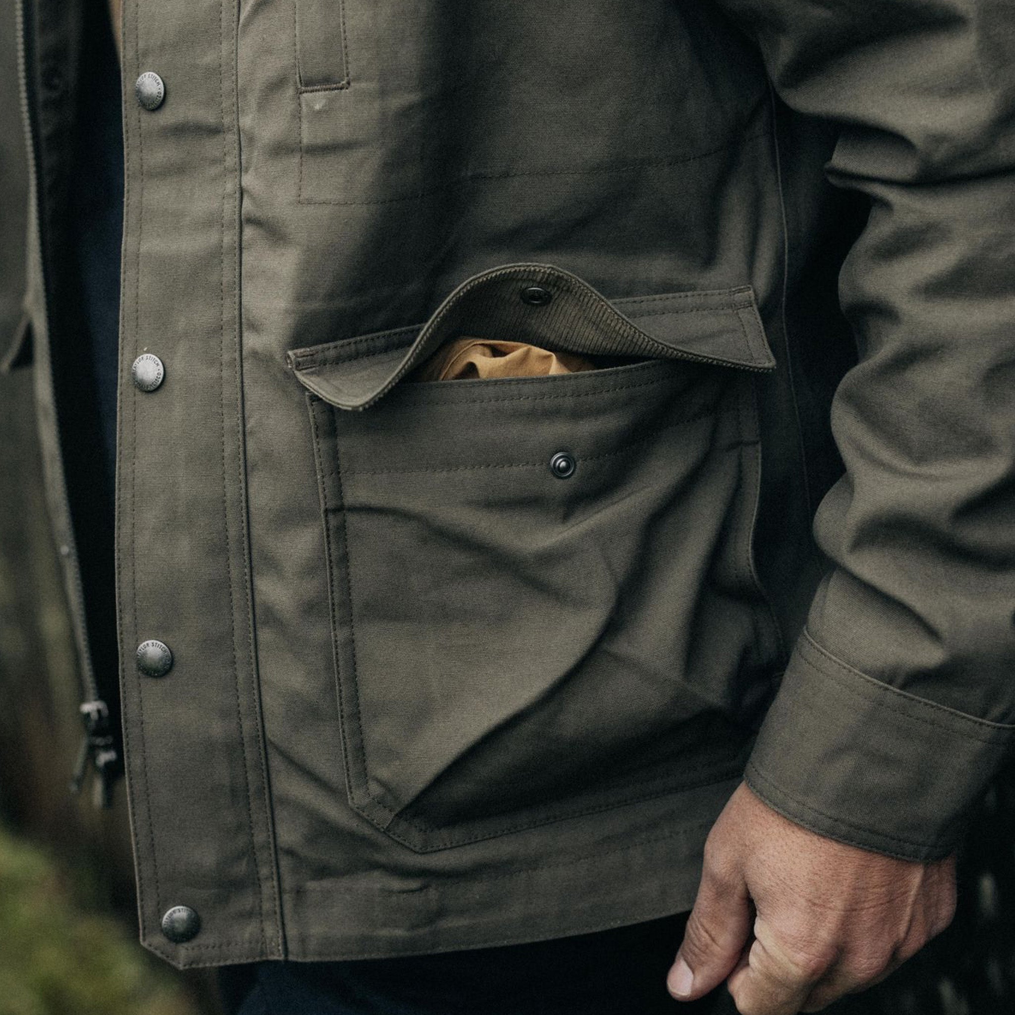 The Pathfinder Jacket in Fatigue Olive Dry Wax | Taylor Stitch
