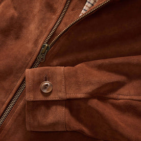 material shot of the sleeve on The Wyatt Jacket in Chocolate Suede