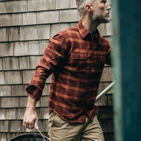 fit model showing the side of The Yosemite Shirt in Burnt Toffee Plaid