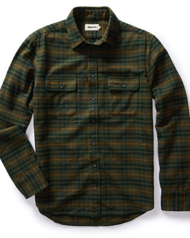 flatlay of The Yosemite Shirt in Dark Forest Plaid, shown in full, Wovens by Taylor Stitch