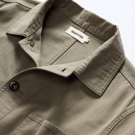 material shot of the collar on The Ojai Jacket in Organic Smoked Olive Foundation Twill