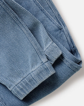 fit model standing wearing The Apres Pant in Washed Indigo Sashiko, Bottoms by Taylor Stitch