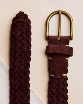 editorial image of the buckle and end on The Braided Belt in Chocolate Suede, Accessories by Taylor Stitch