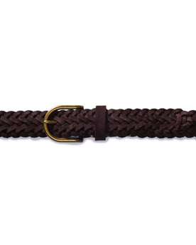editorial image of The Braided Belt in Chocolate Suede buckled, Accessories by Taylor Stitch