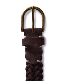 editorial image of the buckle and leather detail on The Braided Belt in Chocolate Suede, Accessories by Taylor Stitch