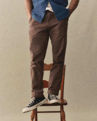 fit model standing wearing The Democratic Foundation Pant in Organic Espresso