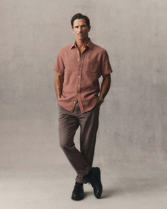 fit model standing wearing The Democratic Foundation Pant in Organic Espresso