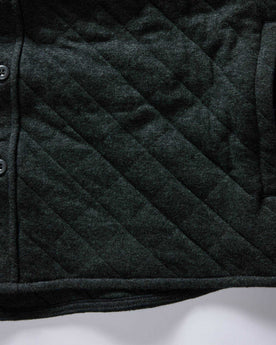 material shot of the pockets of The Fall Line Overshirt in Heather Coal Quilted Jersey, Wovens by Taylor Stitch