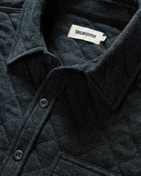 material shot of the collar on The Fall Line Overshirt in Heather Coal Quilted Jersey, Wovens by Taylor Stitch