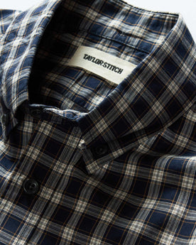 material shot of the collar on The Jack in Deep Blue Plaid, Wovens by Taylor Stitch