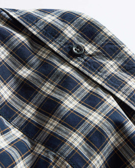 material shot of the back button on The Jack in Deep Blue Plaid, Wovens by Taylor Stitch
