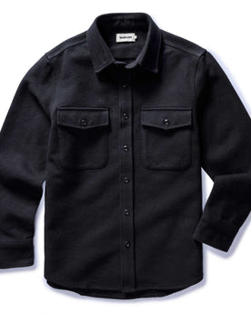 flatlay of The Maritime Shirt Jacket in Faded Black Moleskin Twill, Outerwear by Taylor Stitch