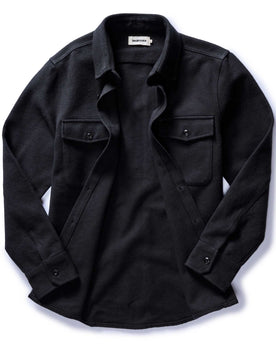 flatlay of The Maritime Shirt Jacket in Faded Black Moleskin Twill open, Outerwear by Taylor Stitch