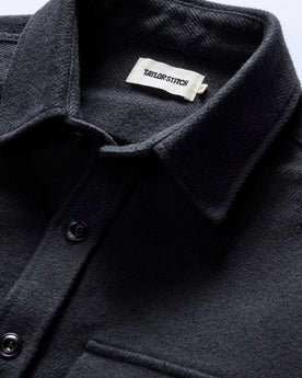 material shot of the collar on The Maritime Shirt Jacket in Faded Black Moleskin Twill, Outerwear by Taylor Stitch