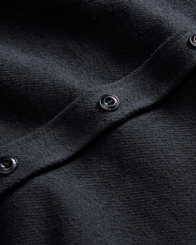 material shot of the buttons on The Maritime Shirt Jacket in Faded Black Moleskin Twill, Outerwear by Taylor Stitch