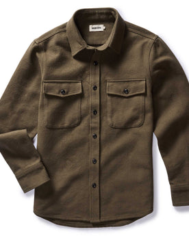 flatlay of The Maritime Shirt Jacket in Fatigue Olive Moleskin Twill, Outerwear by Taylor Stitch
