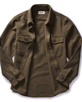 flatlay of The Maritime Shirt Jacket in Fatigue Olive Moleskin Twill open, Outerwear by Taylor Stitch
