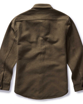 flatlay of the back of The Maritime Shirt Jacket in Fatigue Olive Moleskin Twill, Outerwear by Taylor Stitch