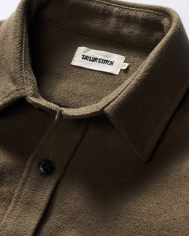 material shot of the collar on The Maritime Shirt Jacket in Fatigue Olive Moleskin Twill, Outerwear by Taylor Stitch