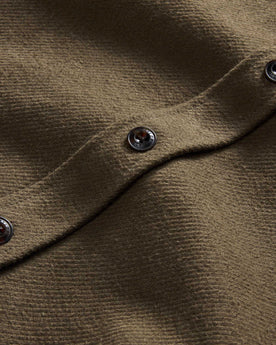 material shot of the buttons on The Maritime Shirt Jacket in Fatigue Olive Moleskin Twill, Outerwear by Taylor Stitch