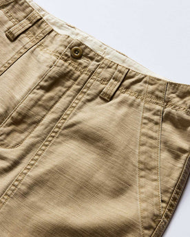 material shot of the waistband on The Surplus Pant in Khaki Reverse Sateen, Bottoms by Taylor Stitch