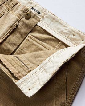 material shot of the zipper on The Surplus Pant in Khaki Reverse Sateen, Bottoms by Taylor Stitch